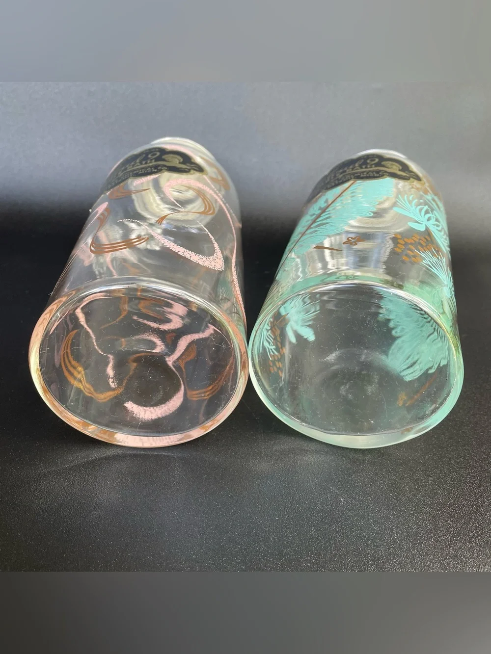 2 Vintage Glass Bubble Bath Bottles  Jars Pink Blue Gold Cloud 9 MCM Lids Labels